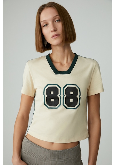 Ethıquet YEIDY Kadın Slim Baskılı Kısa Kol Asimetrik Yaka Bej T-Shirt