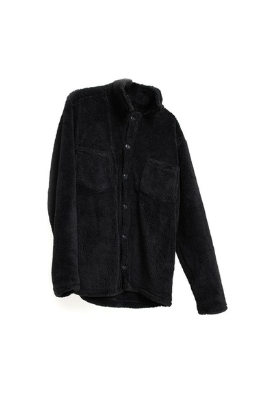 Kadın Slimfit Peluş, Polar, Düğmeli, Teddy Gömlek Yaka, Cepli, Sıcak Tutucu Yumuşak Kışlık Ceket Siyah
