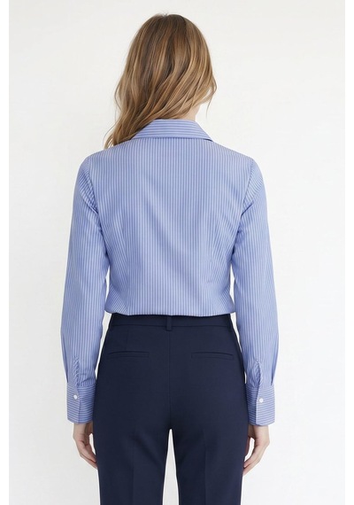 Tudors Kadın Slim Fit Dar Kesim Pamuklu Uzun Kollu Çizgili Mavi Kadın Gömlek-51527