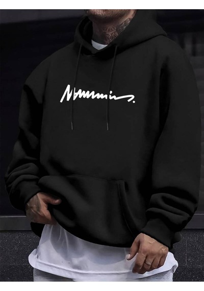 Medinenur Erkek El Yazılı Baskılı Kapüşonlu Sweatshirt siyah
