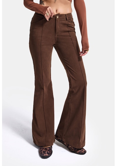 Kadın Kahve Flare Fit Pürüzsüz Dokulu Esnek Velvet Kadife Kumaş Pantolon