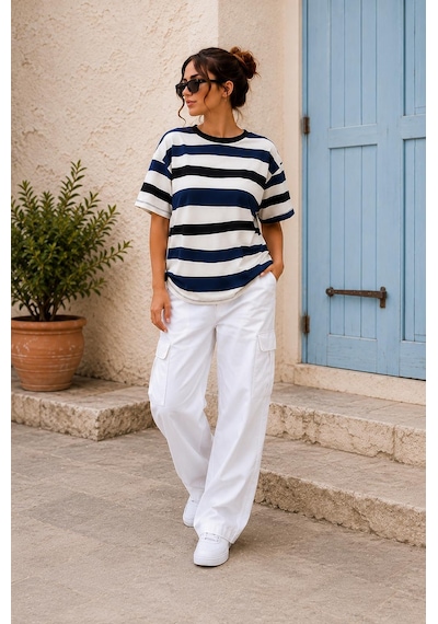 Alexandergardi Çizgili Oversize T-shirt Lacivert - Beyaz