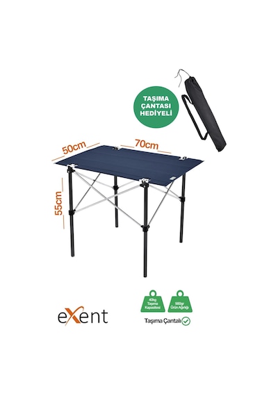 Exent 50x70 Cm Kamp Masası Katlanabilir Masa, Piknik Masası, Siyah Taşıma Çantalı-lacivert Çok Renkli