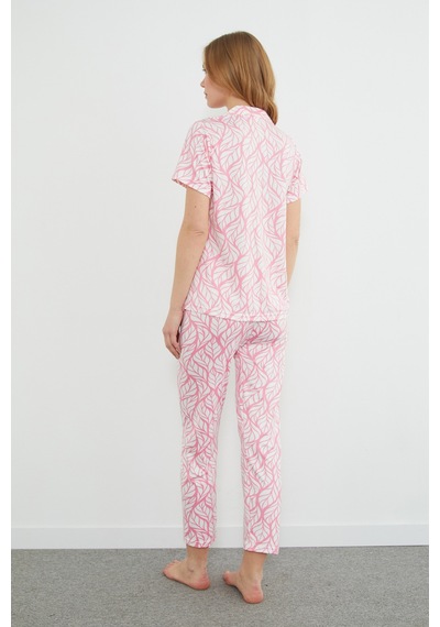 Fullamoda Yaprak Desenli Gömlek Yaka Düğmeli Pijama Takımı Pudra