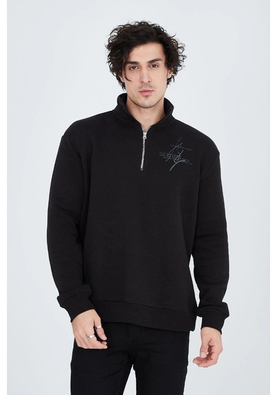 Barlashive Erkek Yarım Fermuarlı Baskılı 3 İplik Pamuklu Sweatshirt - Siyah Çok Renkli