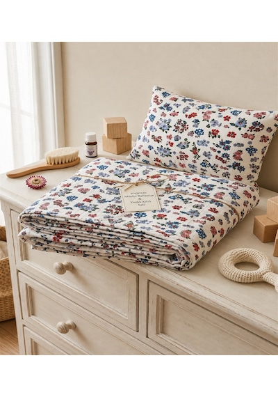 More Home Pamuklu Bebek 90x90 Müslin Örtü +35x45 Yastık Kılıfı Çiçek Desenli Çok Renkli
