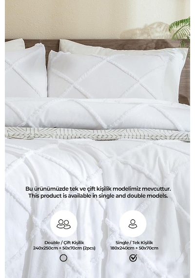 Evlen Home Pamuklu Aimar Yatak Örtüsü Takımı Tek Kişilik Günlük Boho 2 Parça Elyaf Dolgulu Beyaz Beyaz