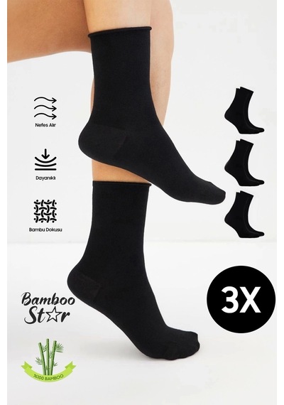 Bamboo Star Bambu Kadın Lastiksiz Siyah Soket Dikişsiz Premium Çorap 3'lü Paket / Sıkmayan Çorap / İz Bırakmaz