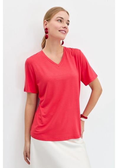 Desen Triko Kadın V Yaka Flamlı Kumaş Basic T-shirt Kmy24085 Mercan
