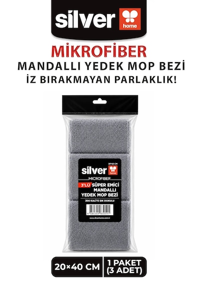 3'lü Mikrofiber Mandallı Mop Yedek Bezi 20x40 Cm Süper Emici Lazer Kesim İz Bırakmayan Tüm Standart Mandallı Moplarla Uyumlu Gri