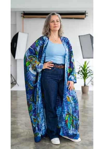 Byemelika %100 Pamuk, Bürümcük, Lastik Detay, Bohem Lidya Kaftan Beyaz Mavi