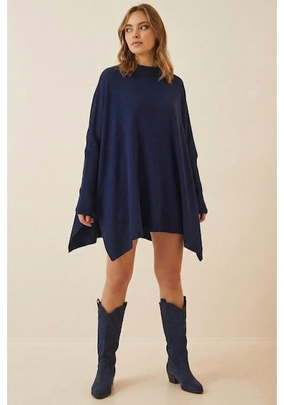 Onno Style Women Düz Triko Standart Panço Lacivert