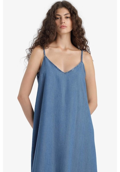 Defacto Fashion Fit Akışkan Kumaş İnce Askılı Maxi Elbise D8258AX25SM Mavi