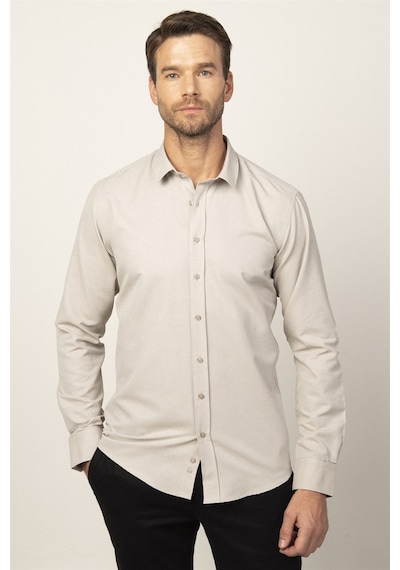 Tudors Modern Fit Uzun Kol Armürlü Kravatlık Erkek Gömlek-26467 Bej