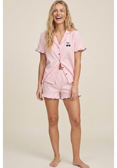 Siyah İnci Nakışlı Bürümcük-krınkıl Kısa Kollu Düğmeli Şortlu Pijama Takım 8058 Pembe