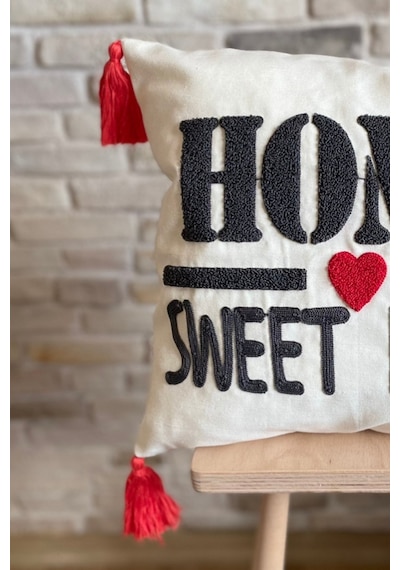 Swita Home Punch İşlemeli Tekli Dekoratif Home Sweet Home Kırlent Kılıfı Panç Kırmızı