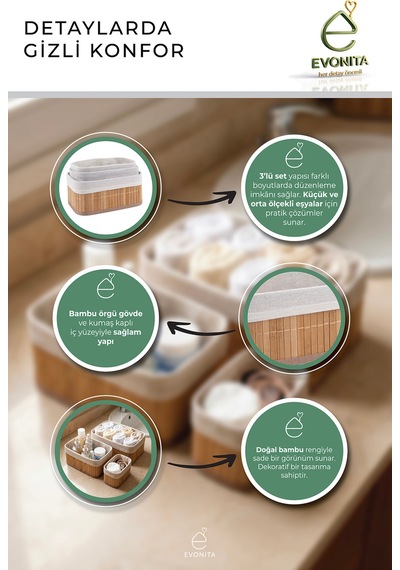 Bambu Organizer Seti 3 Parça Çok Amaçlı Banyo Mutfak Dolap İçi Düzenleyici Sepet Seti Şık Dayanıklı Renkli