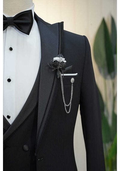 Bys Beystil Erkek Siyah Slimfit Yelekli Damatlık & Smokin 818