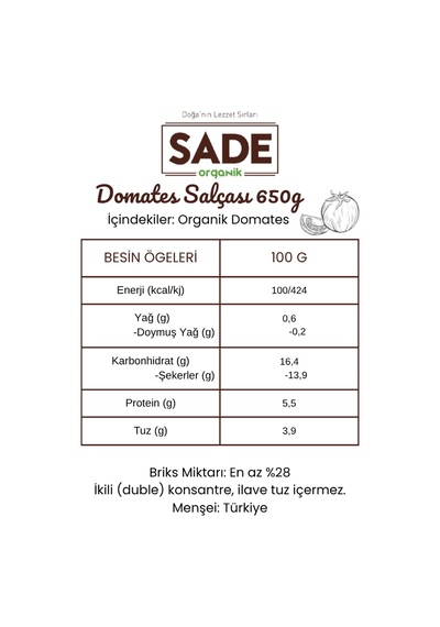 Sade Organik Domates Salçası 650 Gr 2 Li Paket