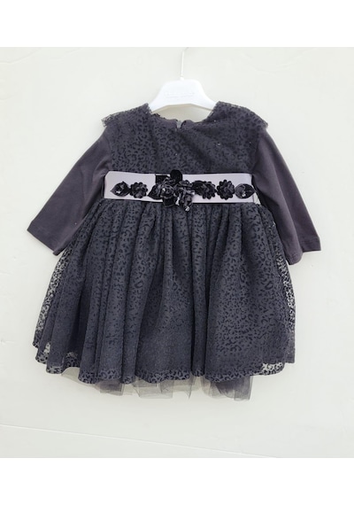 Zekids Kız Bebek Çocuk Uzun Kol Çiçek Detaylı Abiye Elbise-12335-siyah Siyah