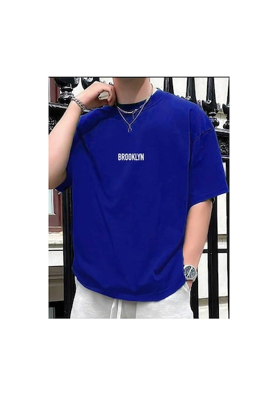 Medinenur Brooklyn Baskılı Unisex Bisiklet Yaka T-shirt Mavi