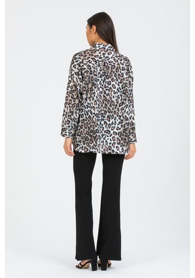 Pera Moda Leopar Desenli Salaş Oversize Saten Gömlek Bej