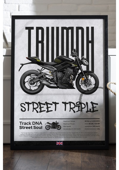 Triump Street Triple Siyah Ahşap Çerçeveli Poster, Dekoratif Motosiklet Duvar Tablosu