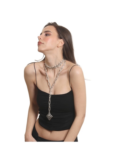 Labalaba Kadın Antik Gümüş Kaplama 2' Li Fleur De Lys Uçlu Kolye& Choker Gümüş