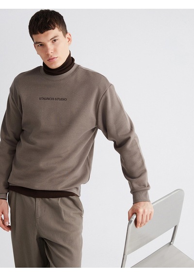 LC Waikiki Xsıde Kahverengi Bisiklet Yaka Nakışlı Erkek Kalın Sweatshirt Lıght Brown