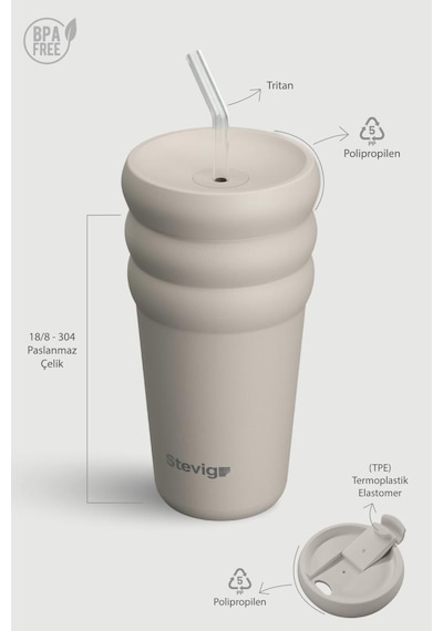 Stevig 3 Bubble Two-cap Straw Tumbler Çelik Termos 600 Ml Crushed Rock St-244 Bej