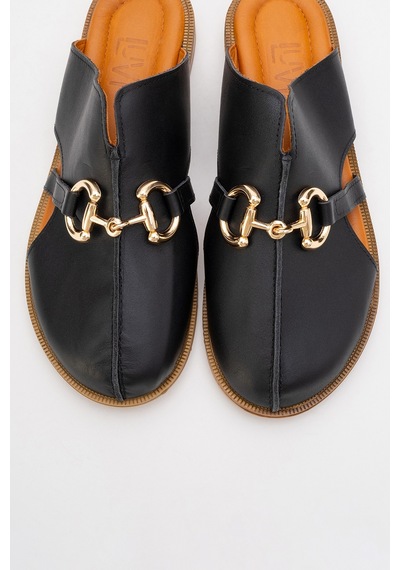 Luvishoes Luvi Shoes Favor Siyah Cilt Hakiki Deri Tokalı Önü Kapalı Kadın Terlik Siyah