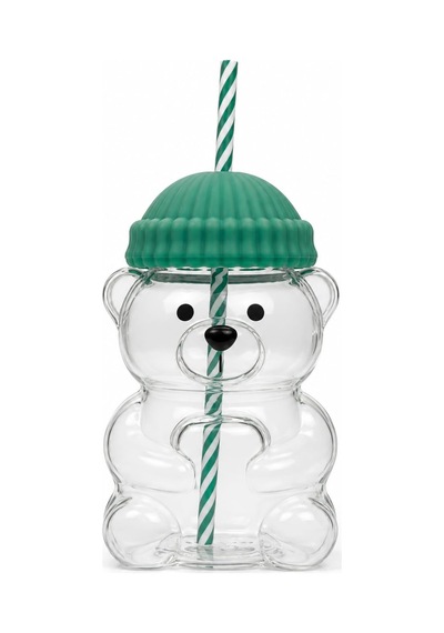 Orret Home 580 Ml Ayıcık Desenli Cam Bardak Pipetli Silikon Kapak Şeffaf Cam