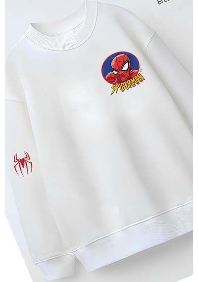 Belyakidswear Tam Kalıp Oversize Erkek Çocuk Pamuğa Pamuk 3 İplik Kumaş Man2 Karakter Tasarım Sweatshirt Beyaz