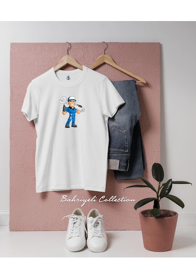 Oversize Car Auto Mechanic Worker Cartoon Tasarımlı Unisex T-shirt Beyaz