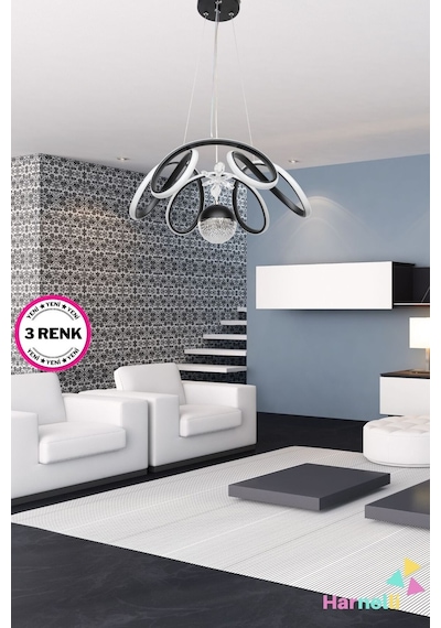 3 Renk Yanabilen Şeker Camlı Modern Ledli Avize Antrasit Siyah