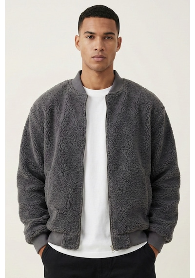 Genius Store Erkek Mont Peluş İçi Astarlı Oversize Geniş Kalıp Sherpa Kuzu Kumaş Spor Mont Füme