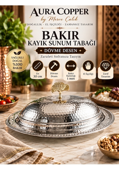 Dövme Bakır Kayık Sunum Tabağı Kapaklı Servis Sunumluk Gri - Gümüş