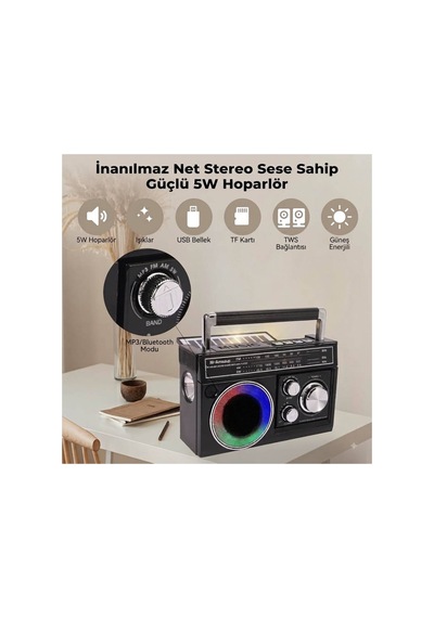 Nostalji Solar Enerjili Güneş Panelli Fm Radyo Şarj Edilebilir Bluetooth Hoparlör Rbg Işıklı Sd Kart Usb Ve El Fenerli Siyah - 911392134