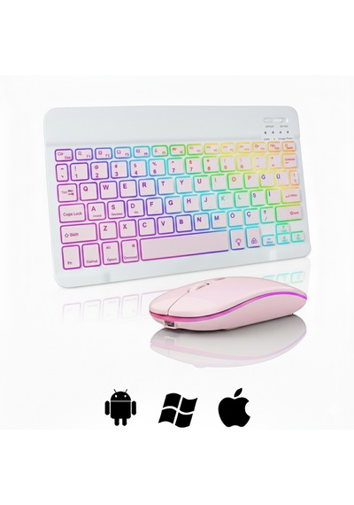 Microcase Rgb Tablet Ve Telefonlar İçin Bluetooth Klavye Ve Mouse Set - Al7815 Pembe