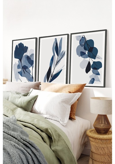 Huhuli Siyah Ahşap Çerçeveli Minimalist 3 Parça Tablo Huhu207