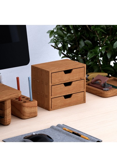 Desna Üç Katlı Üç Çekmeceli Mini Dolap - Kiraz 18 Cm Uzunluk X 12.1 Cm Derinlik X 15.8 Cm Woodsaka Doğal Ahşap