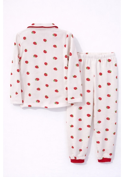 Çilek Desenli Yakalı Önü Düğmeli Kız Çocuk Pijama Takımı Beyaz