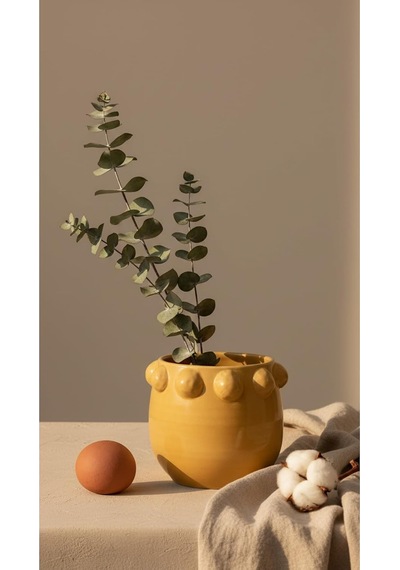 Tr Warm Design El Yapımı Sarı Noktalı Kabartmalı Terracotta Saksı Modern Salon Ofis Balkon Dekoru Sarı Genel
