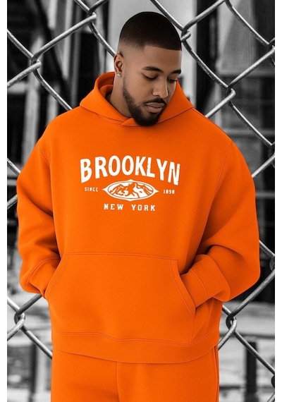 Benroma 3 İplik Penye Brooklyn Baskılı Büyük Beden Sweatshırt Turuncu