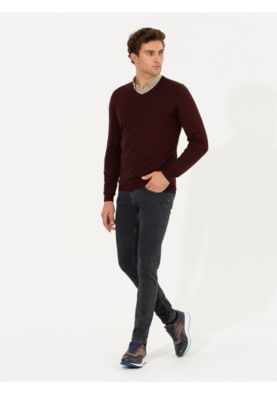 Cacharel Bordo Slim Fit V Yaka Basic Triko Kazak Kırmızı