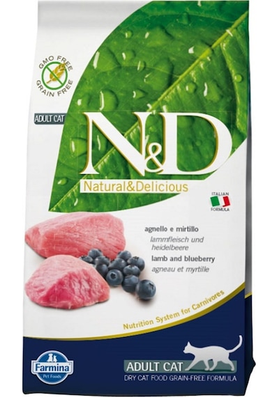N&D Tahılsız Kuzu Etli ve Yaban Mersinli Yetişkin Kedi Maması 5 KG