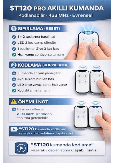 St120 Akıllı Kodlanabilir Kumanda 433 Mhz Nice, Bft, Hiland, Kontal Uyumlu Garaj Kepenk Kumandası