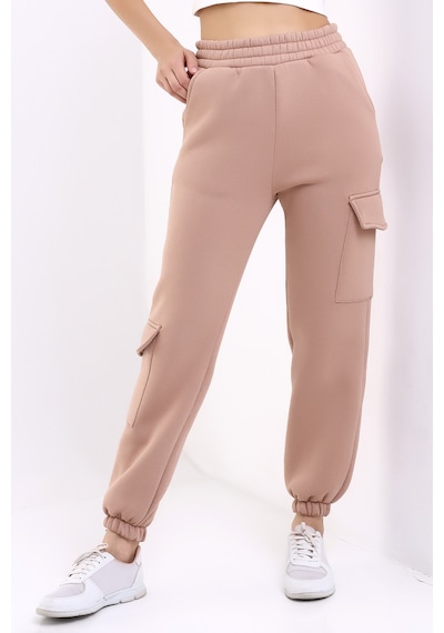 Winmoda34 Kadın Jogger Kalın 3 İplik Yandan Cepli Kargo Eşofman Altı Bisküvi