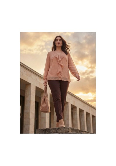Hanezza Kadın Büyük Beden Önü Fırfır Detaylı Pudra 42-54 Silky Şifon Bluz Iç Askılı Bluz Ile Gönderilir Pudra - 30872078 Pudra