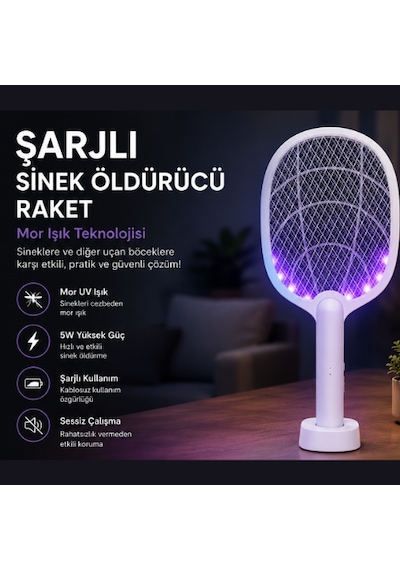 Şarjlı Sinek Öldürücü Raket 5w Mor Işık Uv Sinek Kovucu, Masaüstü Standlı, Usb Şarjlı Elektrikli Böcek Öldürücü 001